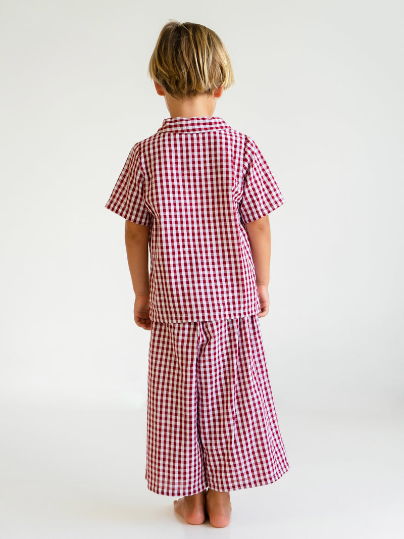Long Pant and Short Shirt Set in Red Gingham