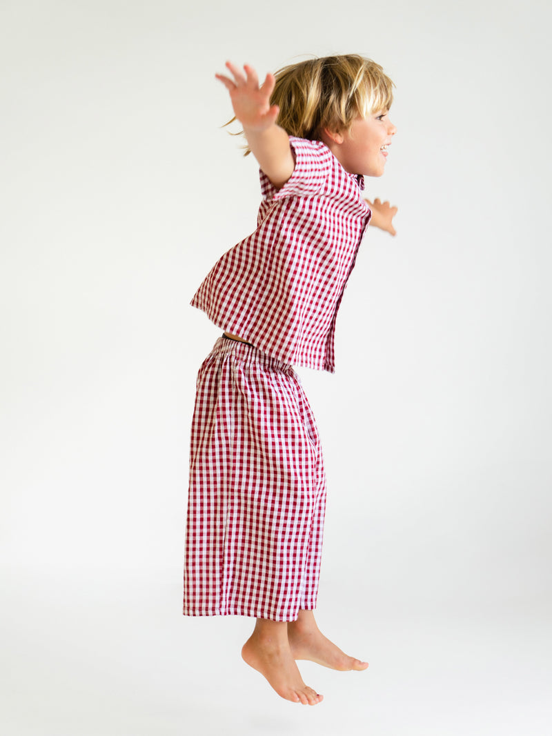 Long Pant and Short Shirt Set in Red Gingham